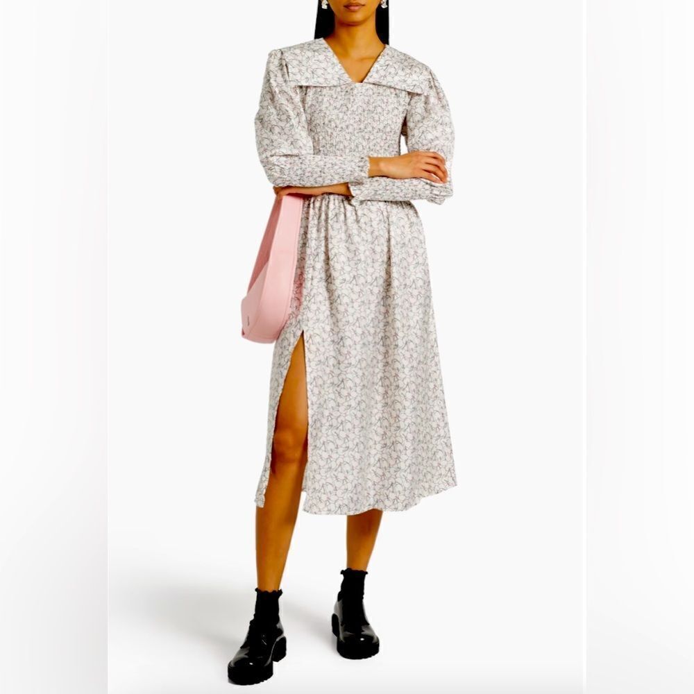 🍒 NWT Shrimps Smocked Cherry Printed Silk Satin Midi Dress, size US 6 🍒